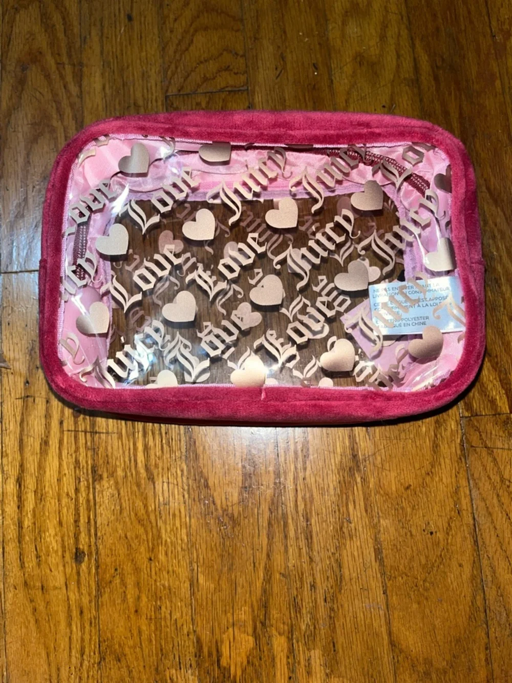 NWT Juicy Couture Clear Cosmetic Bag with Velvet Trim and Juicy Travel Bottle